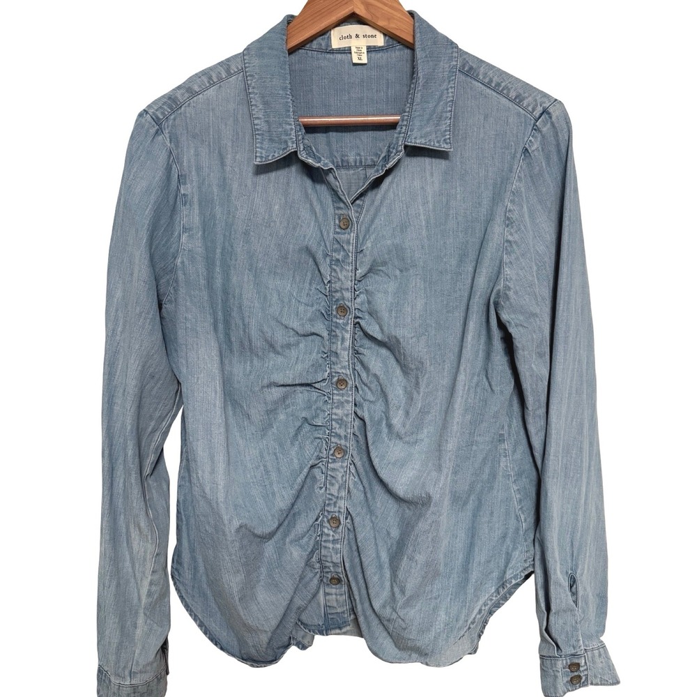 Cloth & Stone Button Down XL Blue Tencel Lyocell Soft Denim Ruched Long Sleeve